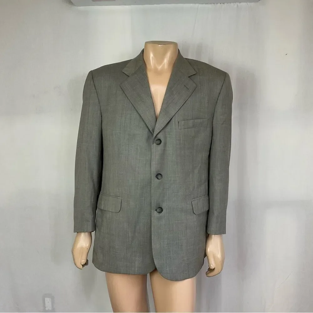 Yves Saint Laurent Vintage Gray Beige Wool 3 Button Front Blazer Coat Suit 54